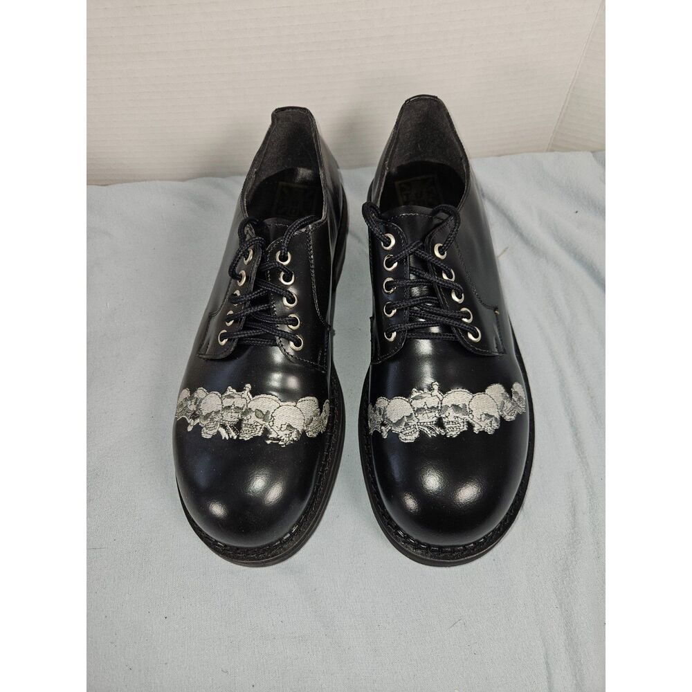 T.U.K. Anarchic Black Leather Skull Embroidered Oxford Derby Lug Sole Shoes 10